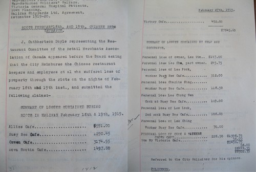 Colour photo of minutes – headlined Riots February 18 and 19th – Chinese Restaurants with tally of damage at each café.