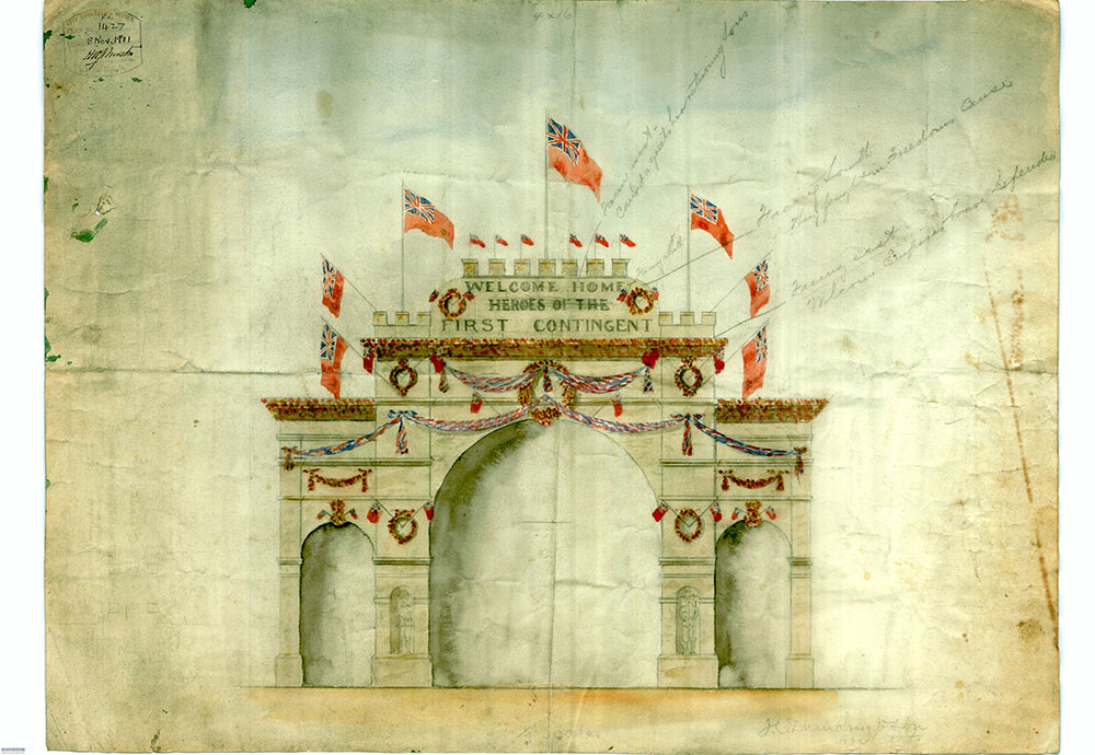 colour design drawing of a memorial arch.