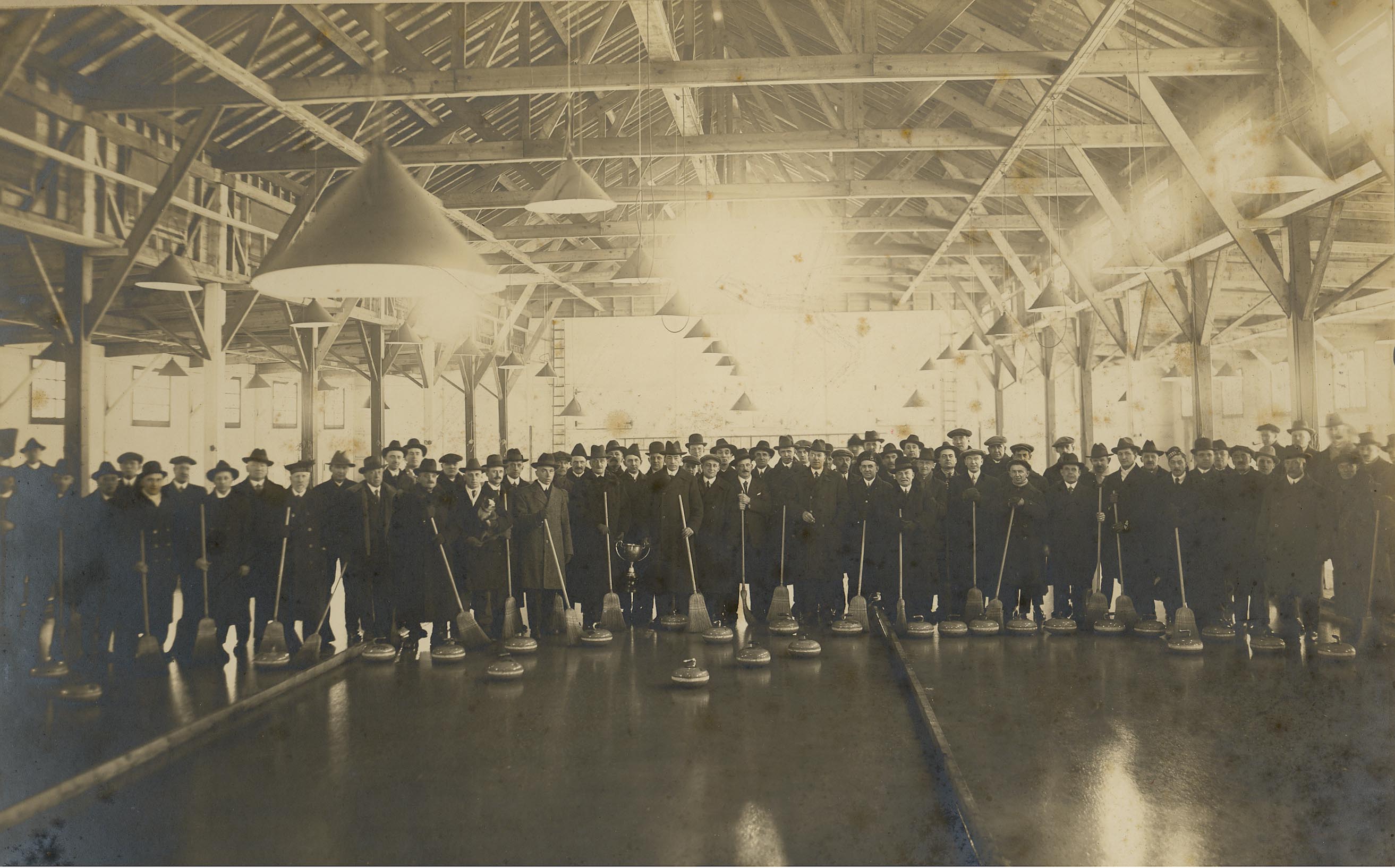 Black and white team photo showing interior of Club