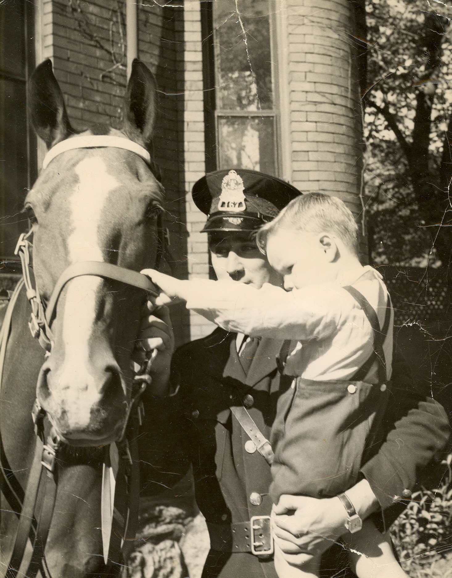 Black-and-white photo of Constable Art Francis holds a boy from the Halifax Infants Home, petting a horse