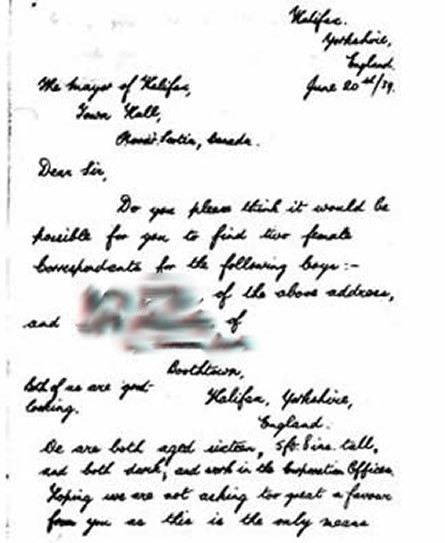 Anonymized Black & white photo of correspondence: Dear Sir, Do you please think it would be possible for you to find two female correspondents for the following boys- (name blurred for privacy), of the above address, and (name blurred for privacy) of (address blurred for privacy). Both of us are good looking. We are both aged sixteen, 5ft 8 ins. tall, and both dark, and work in the Corporation Offices.