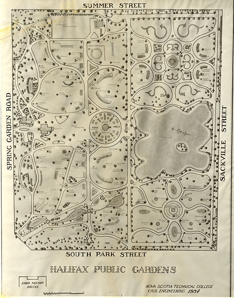 Black and white technical drawing showing the layout of the Public Gardens, including pathways and other features