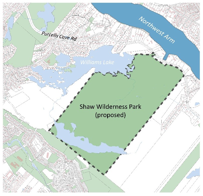 A map shows the outline of the area that will become the proposed Shaw Wilderness Park