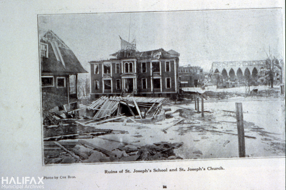 Black and white photograph of a ruined church