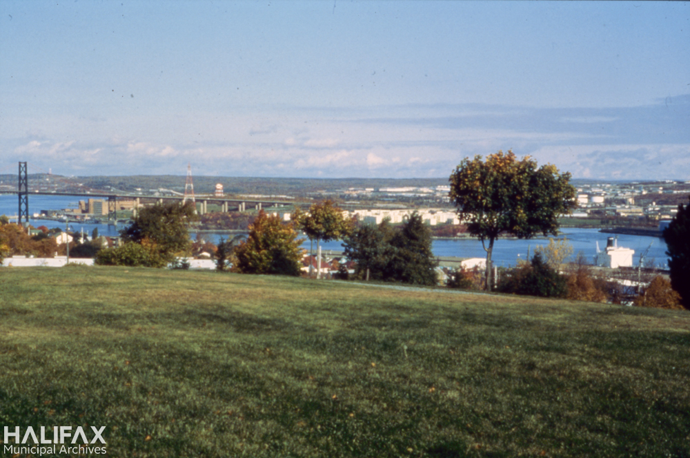 Colour photograph of a field with hoses and Halifax harbour in the background
