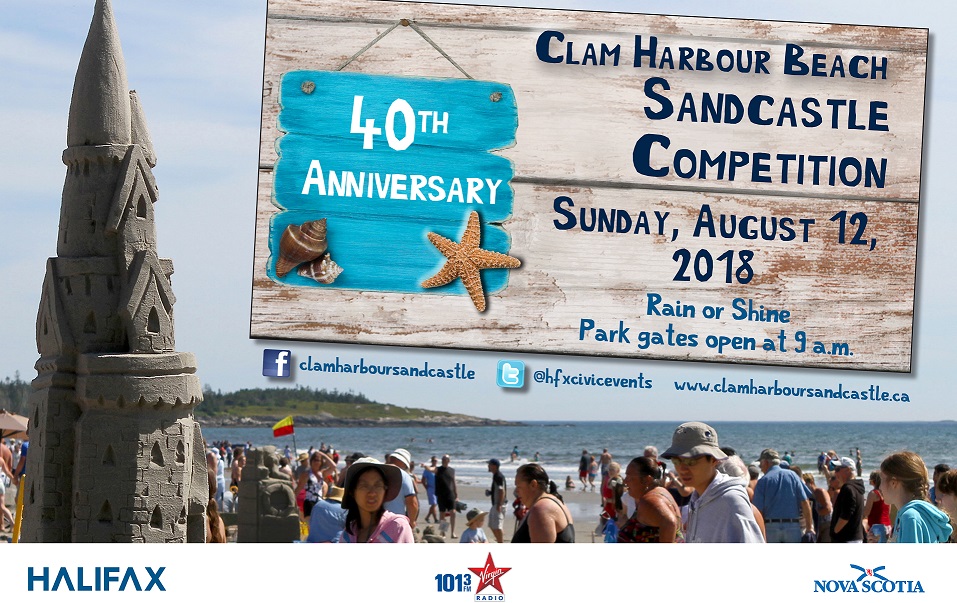 A photo of a sandcastle announcing the Clam Harbour Beach Sandcastle Competition on August 12