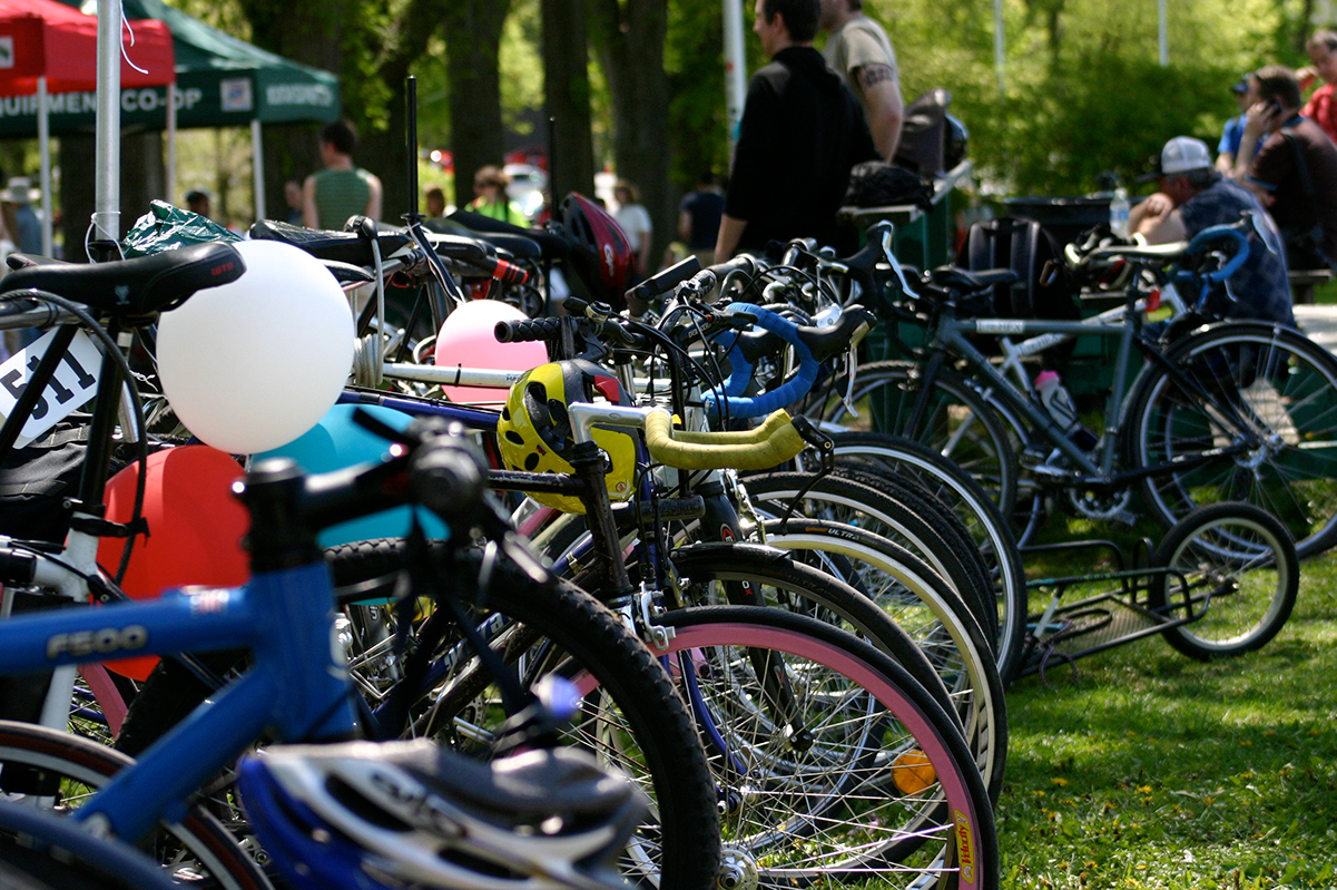 A photo of bicycles parked at a bike rack