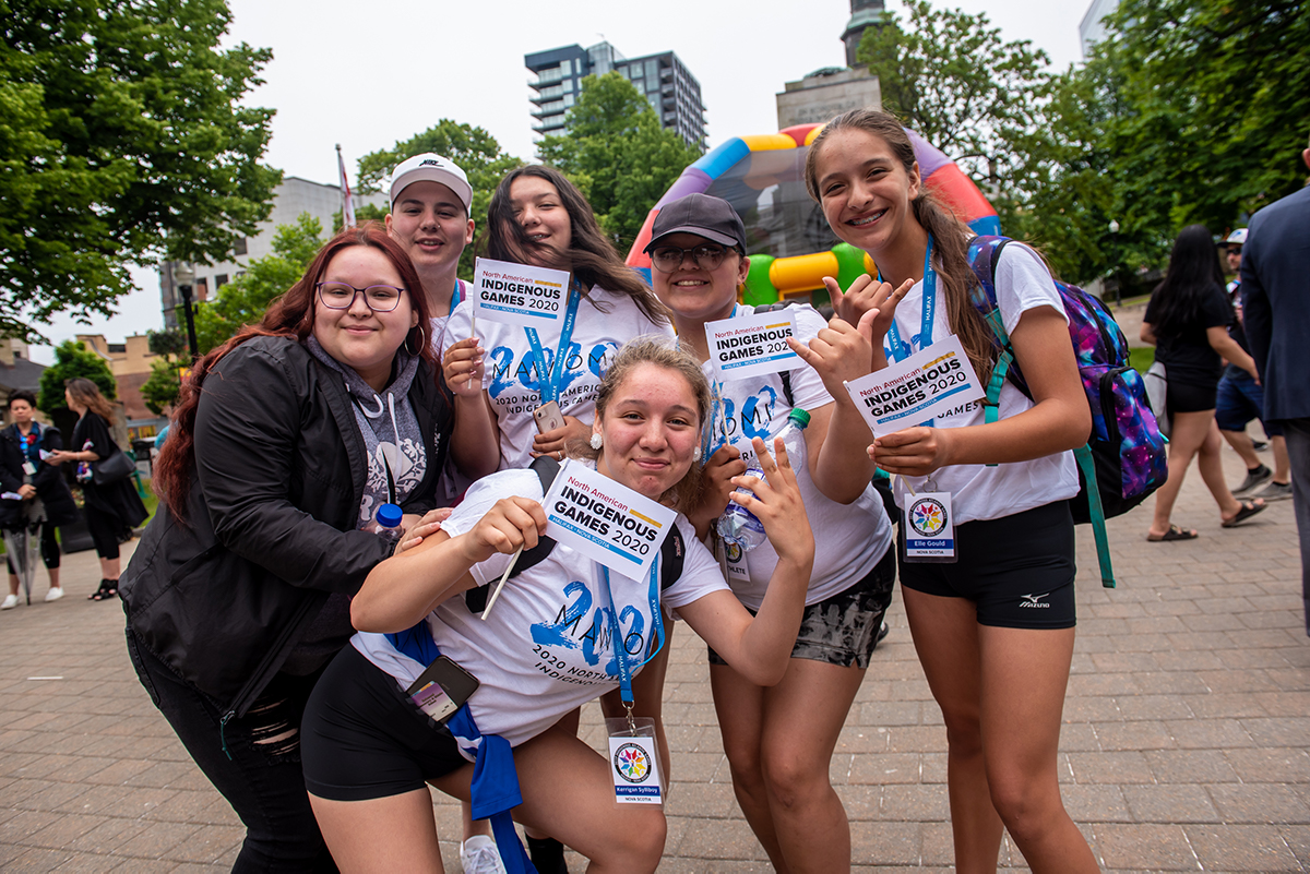 A photo of athletes posing at Grand Parade Square at the North American Indigenous Games official launch