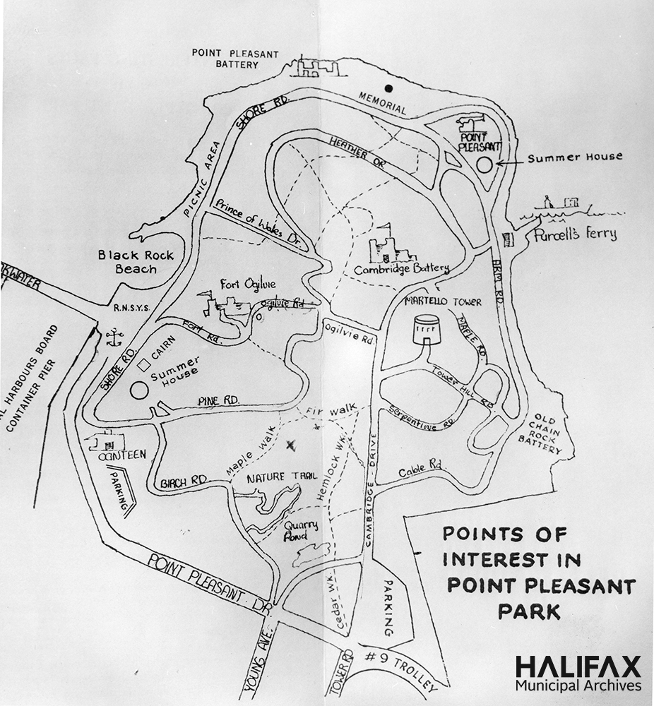 Black and white map of the park showing roads, patsh, and points of interest such as memorials and military fortifications