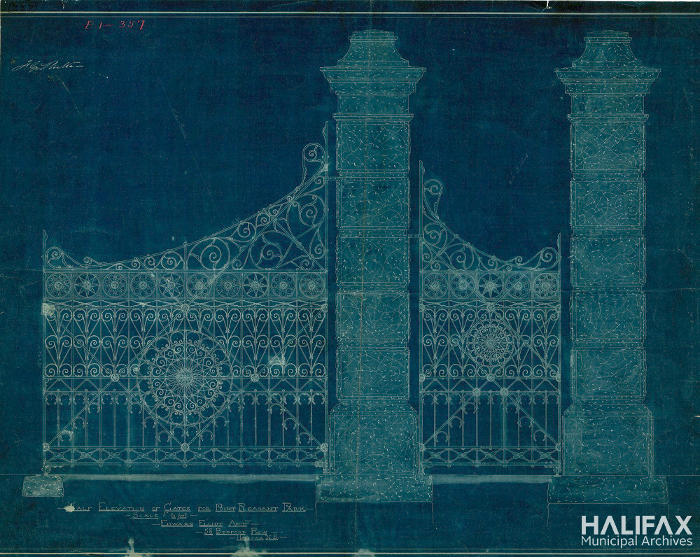 Image of a blueprint showing ornate park gates