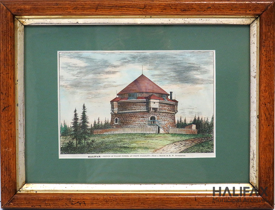 Colour photograph of a coloured engraving depicting a stone tower
