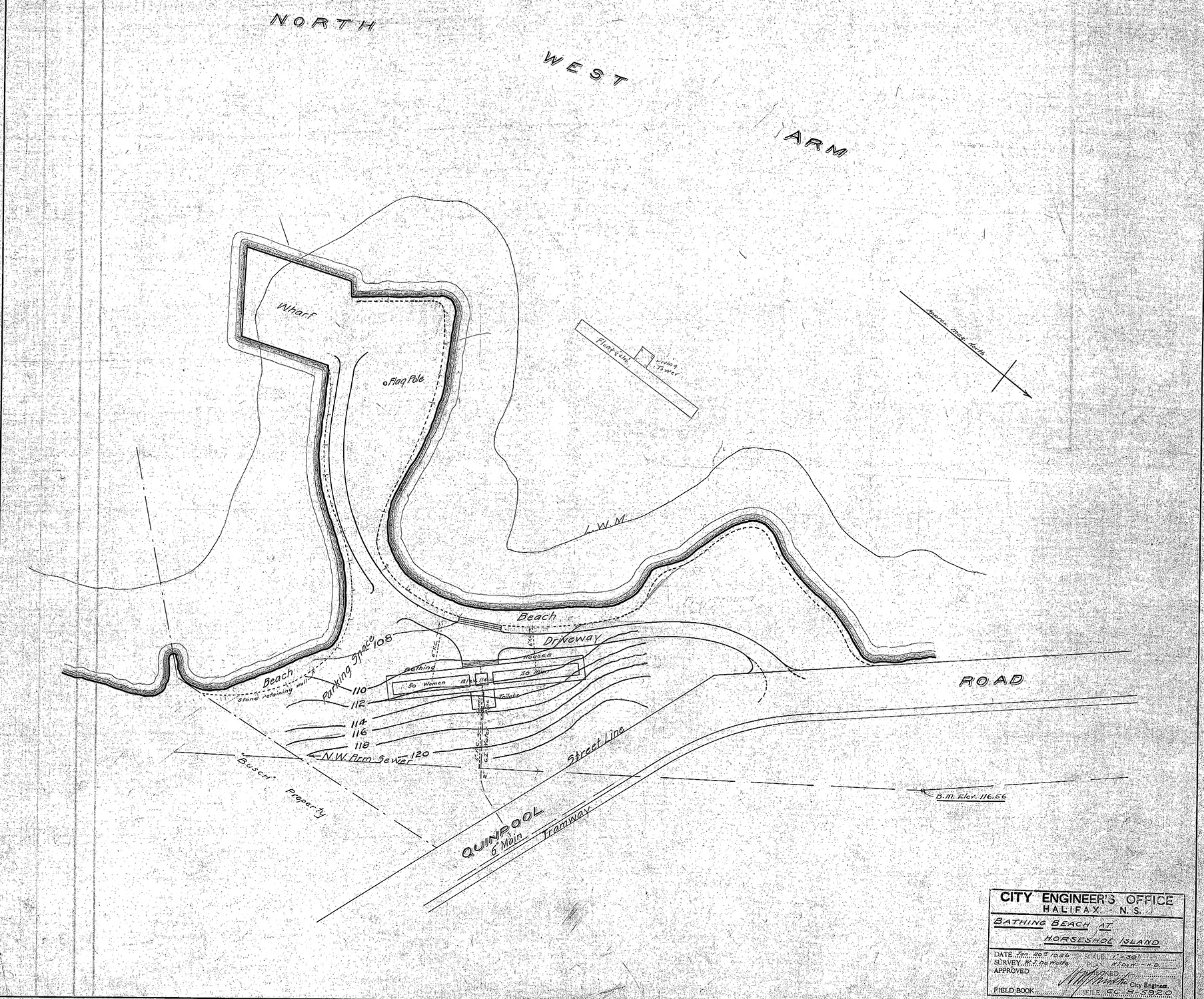 Black and white site plan for bathing beach at Horseshoe Island, 1926.