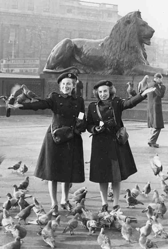 Black & white photo of Keshen sisters feeding the pigeons in Trafalgar Square