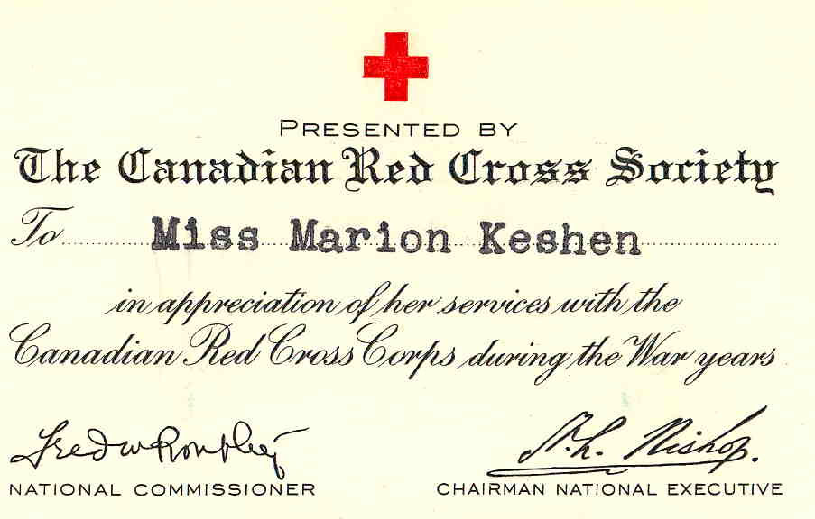 Colour scan of Canadian Red Cross Society certificate of appreciation.