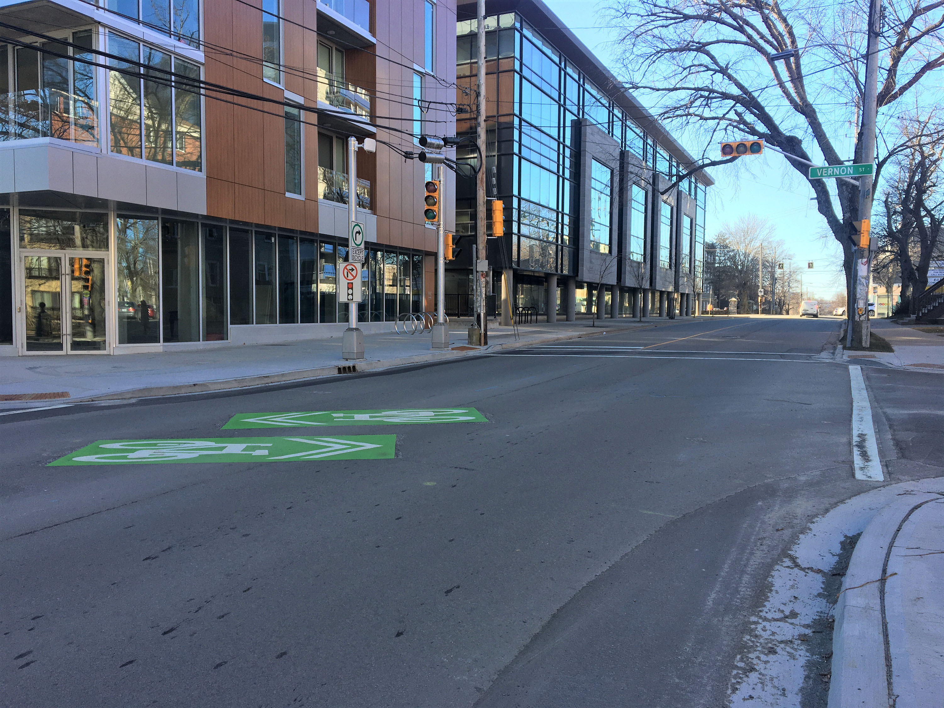 A photo of the Vernour Seymour street improvements for cycling and pedestrians.
