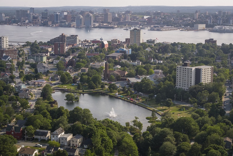 An aerial photo of Sullivans Pond in Dartmouth, showing the pond and park on a summer day.