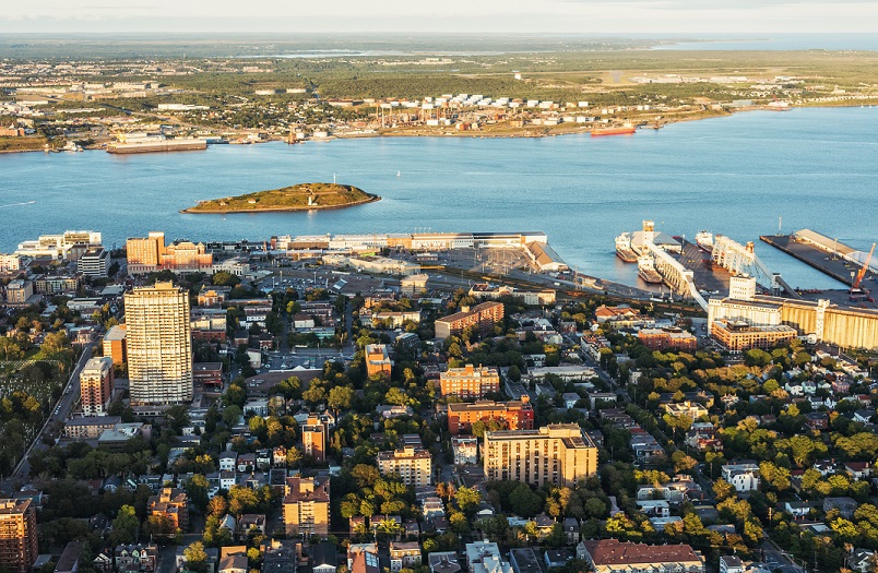 An aerial photo of the Halifax Harbour, looking towards Dartmouth