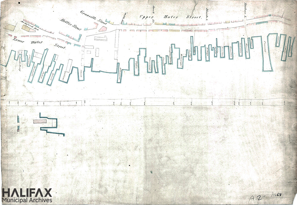 Colour image of a map showing waterfront docks and elevation
