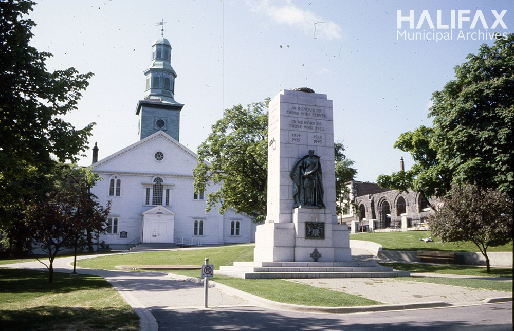 Colour photograph showing the military cenotaph in Grand Parade with St. Paul's church in the background