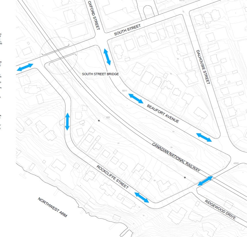 Detour route map, comprised of Beaufort Avenue, Oakland Road and Rockcliffe Street.