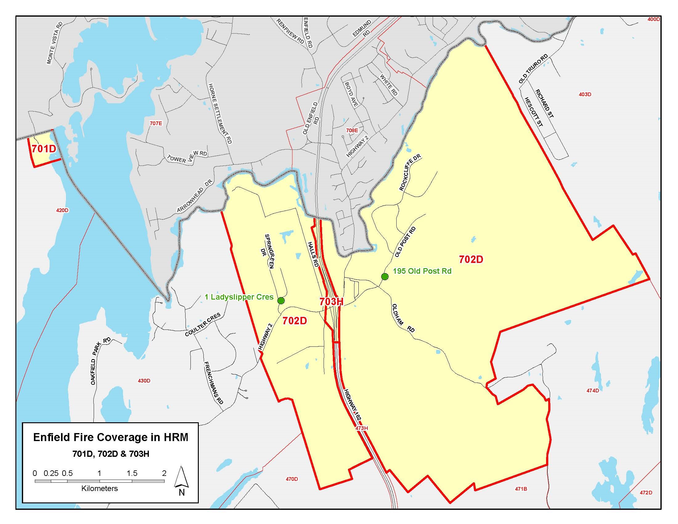 An aerial map showing the Enfield Fire Protection District. 195 Old Post Road and 1 Ladyslipper Crescent are highlighted as two key areas.