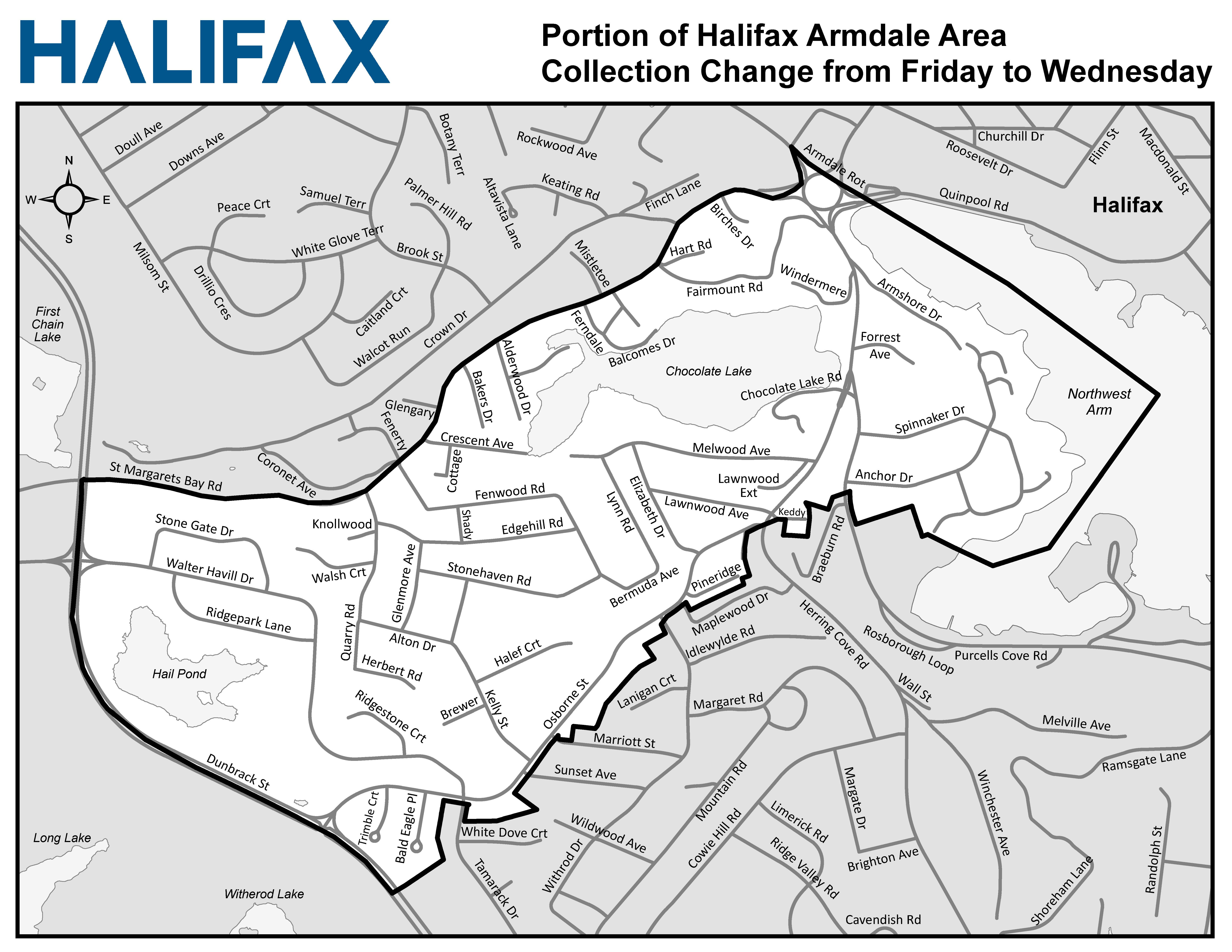 Portion of Halifax Armdale Area Collection Change from Friday to Wednesday (unshaded)