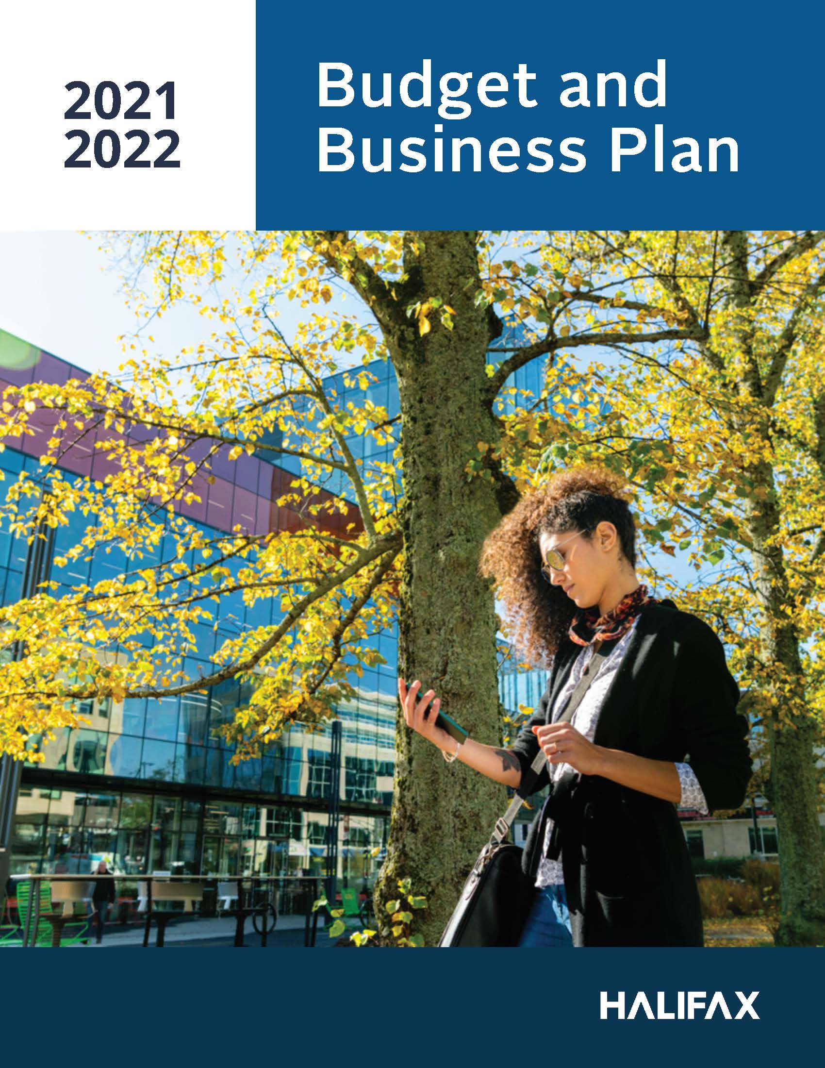 The cover page of the 2021/22 Budget and Business Plan document. The cover shows a woman standing in front of the Halifax Central Library. 