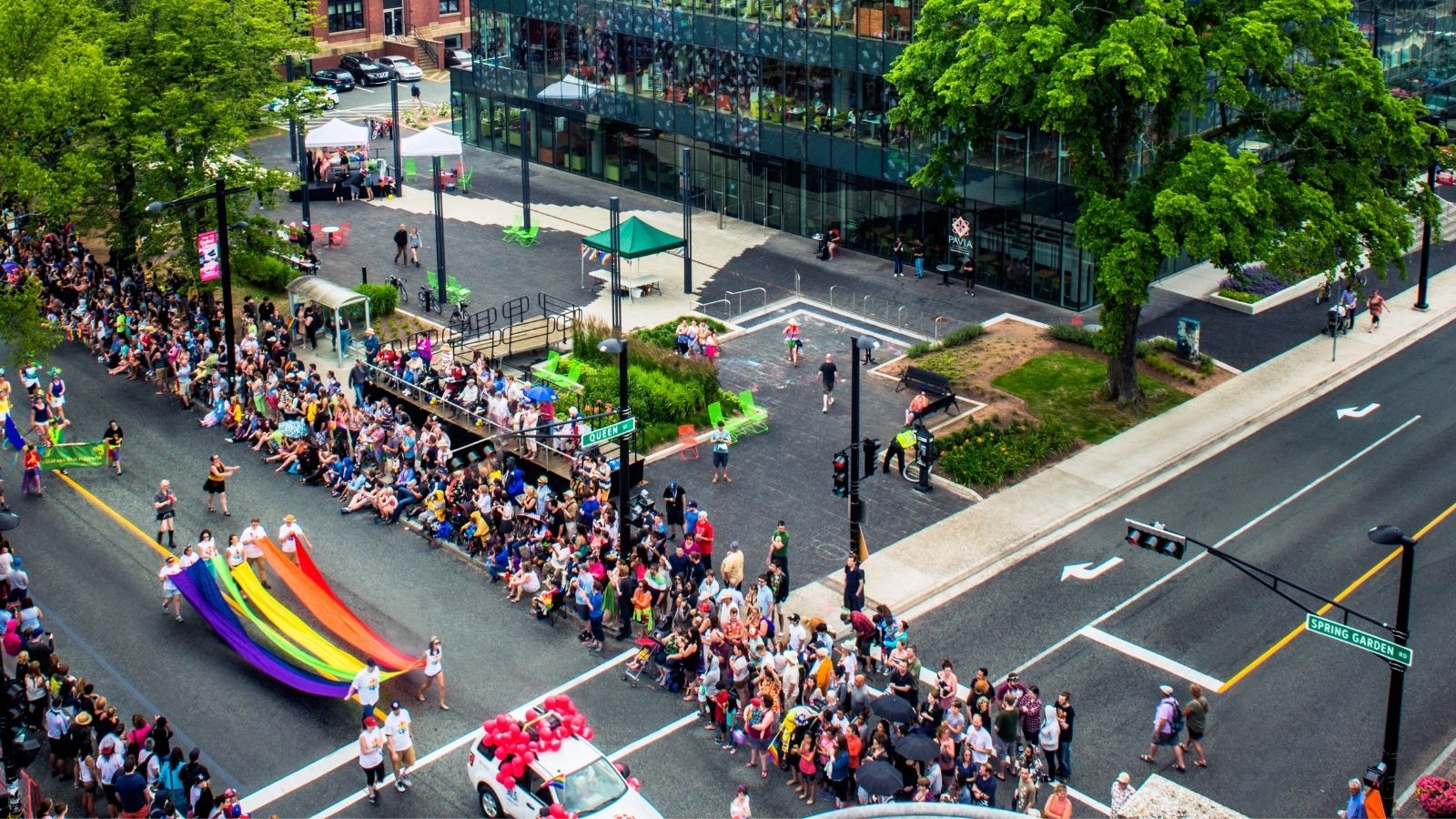An aerial image of the Pride Parade in Halifax.