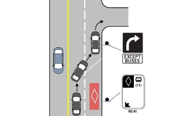 A diagram shows a car travelling in the centre lane, then moving to the right hand lane to complete a right hand turn