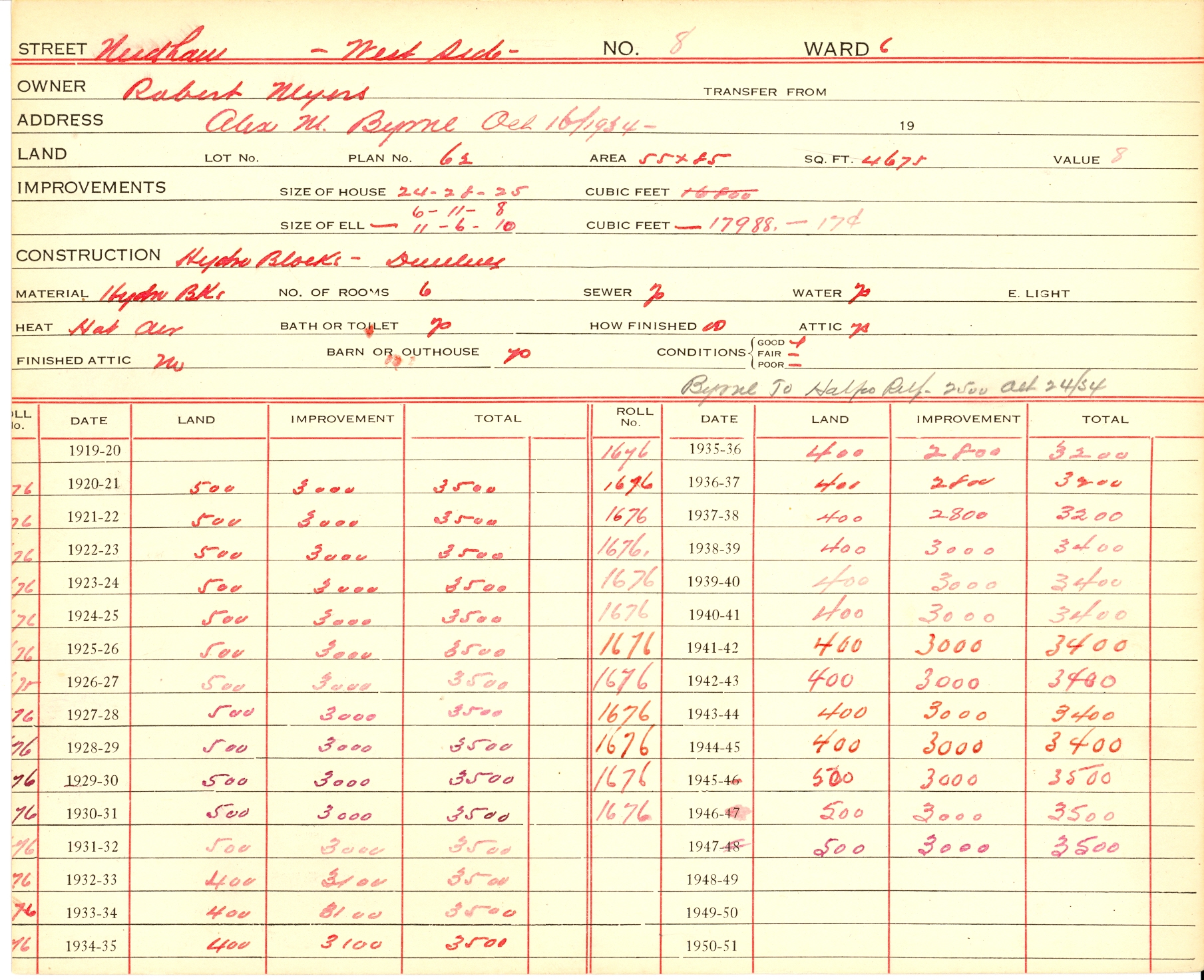 Photograph of a yellow form with red writing indicating details about a property on needham street including owner, address, lot size, house size, construction material, no. of rooms, heat, out-buildings etc.