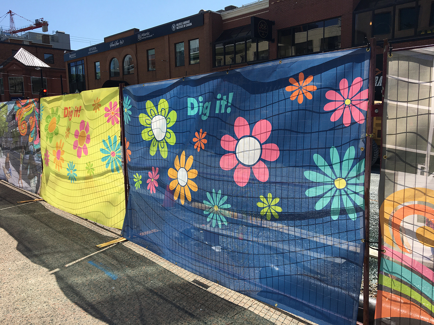 Colourful hoarding wrap on the construction fencing on Spring Garden Road