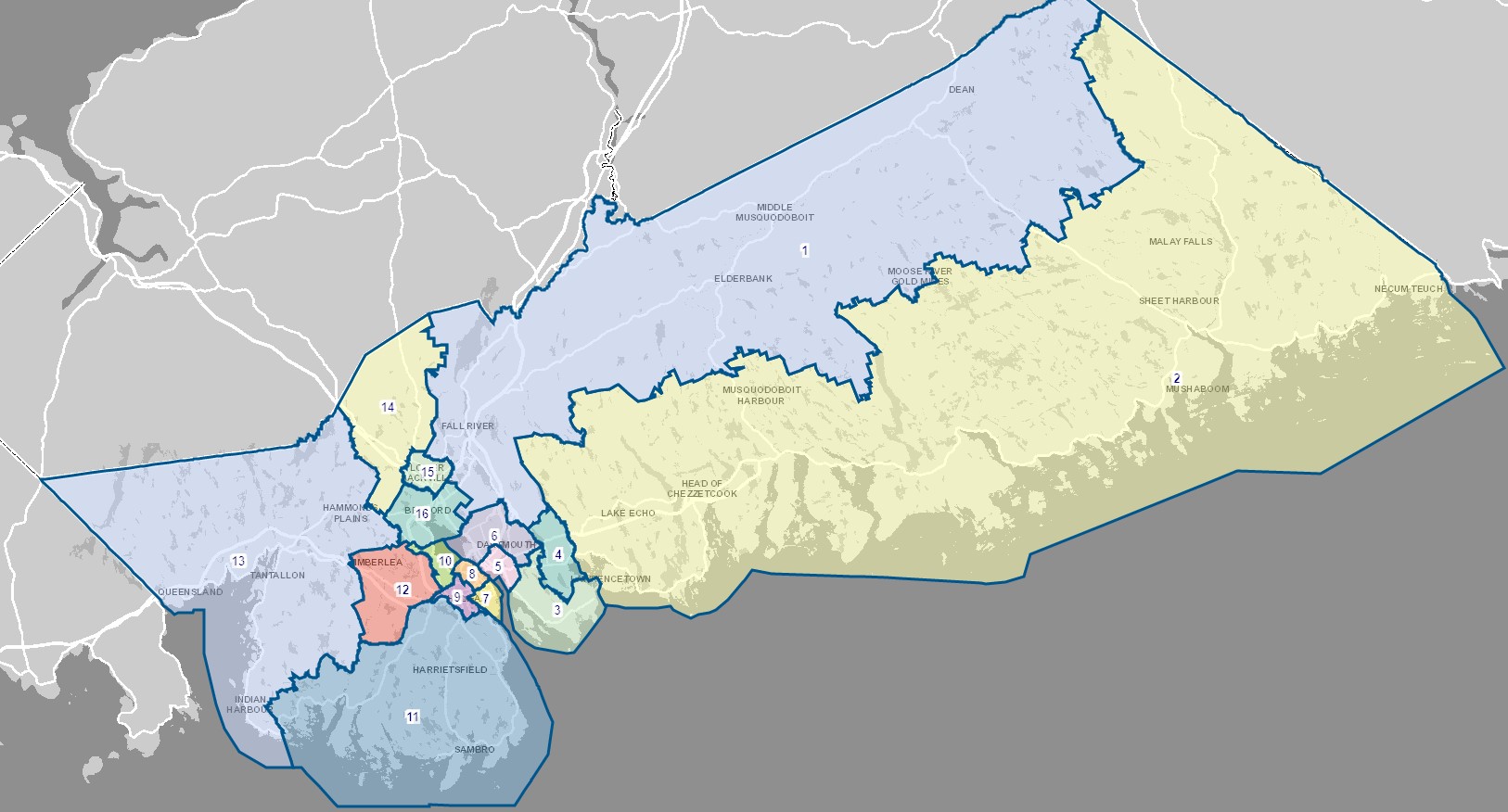 A map outlining the 2021 municipal district boundaries.