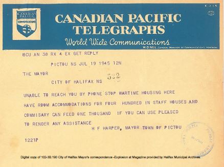 Canadian Pacific Telegram from H.F. Harper, Mayor of Pictou to Mayor of Halifax offering food and shelter, July 19, 1945