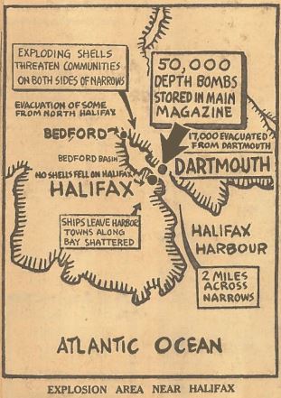 Newspaper infographic map showing Halifax area and location of the explosion