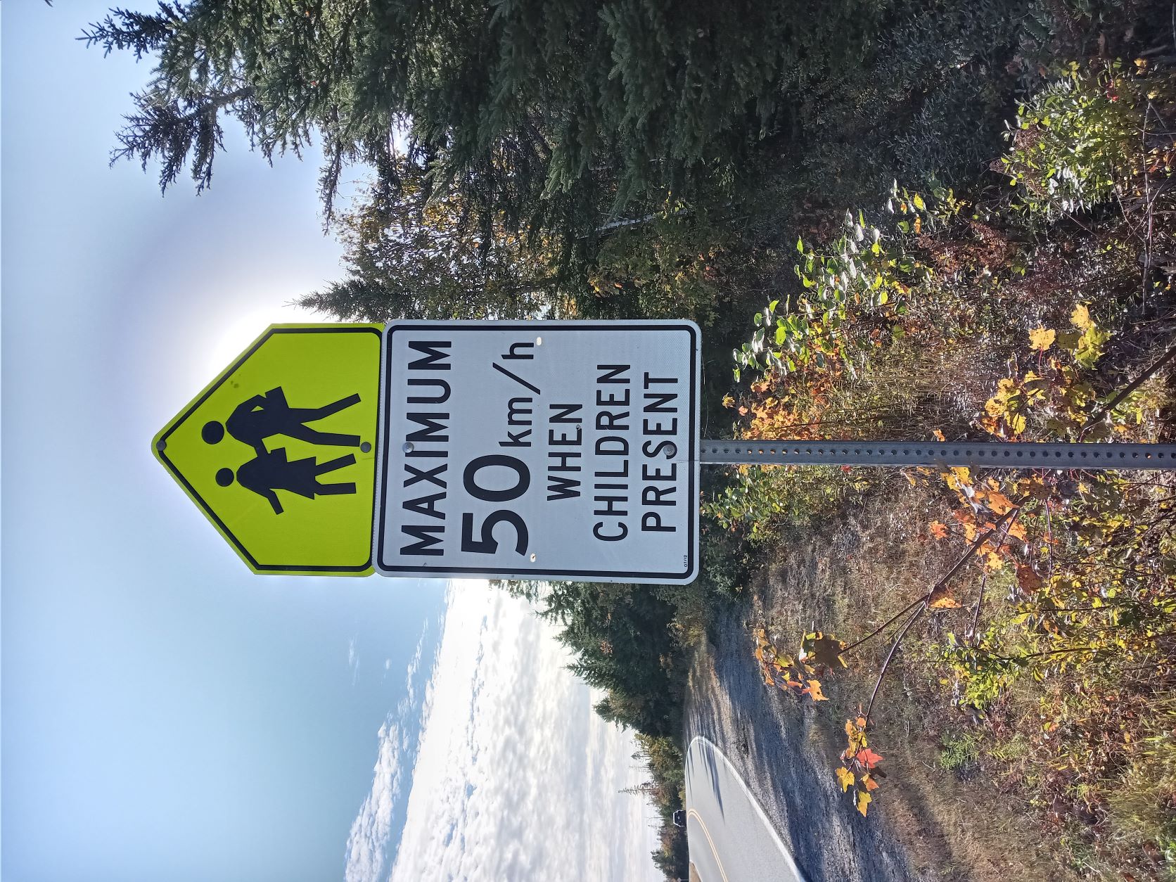 School zone sign. Speed limit is reduced to 50 km per hour when children are present.
