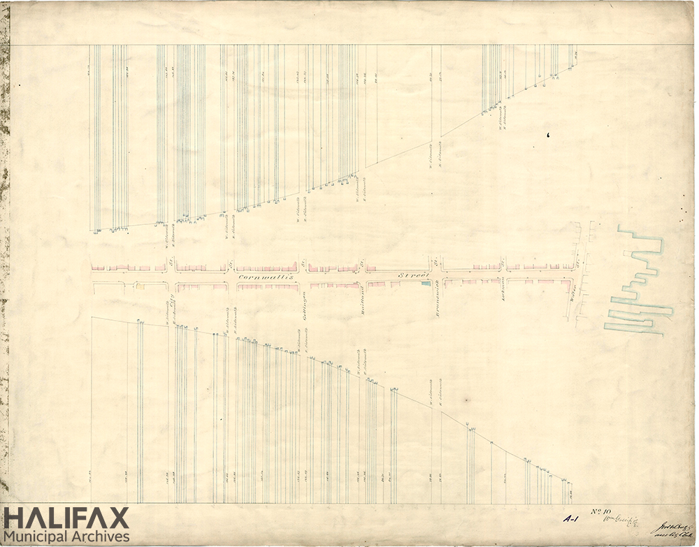 Sepia-toned plan showing street line and building frontage on street.