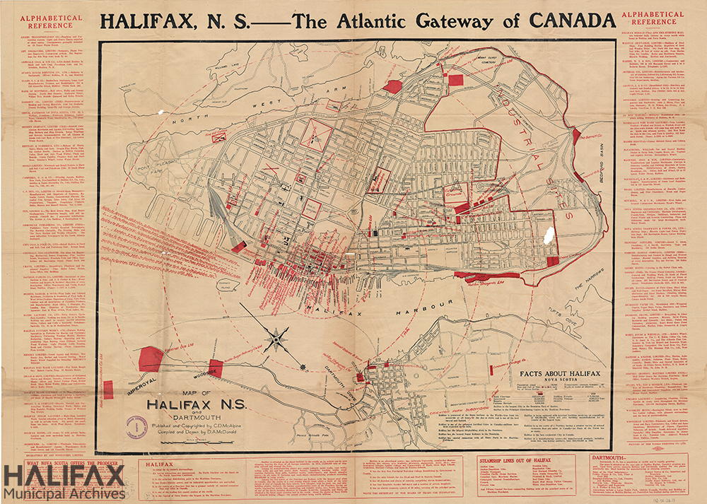 Map of Halifax in black and red with facts about Halifax and Halifax businesses along the outside edges.