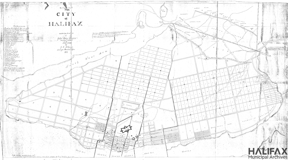 A photocopy of a map showing the Halifax peninsula, with city boundaries, streets, wards, public buildings, and division of land at time of incorporation.