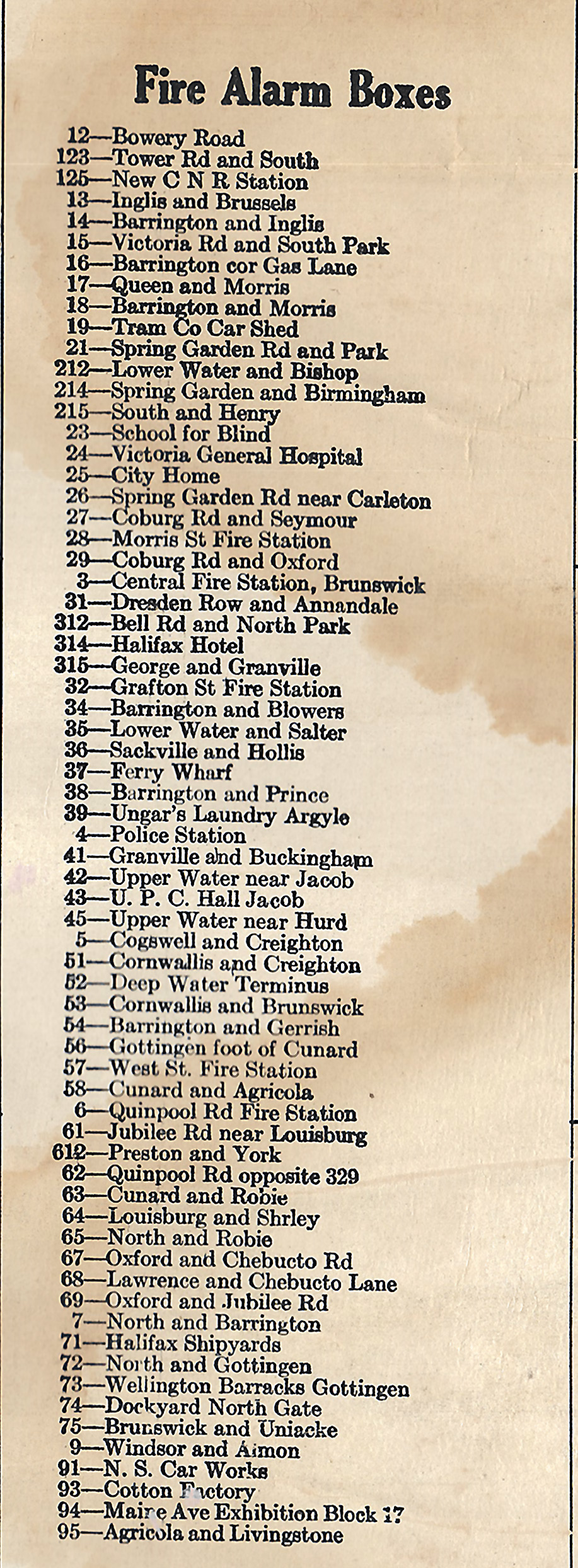 Image is a numbered list of fire alarm boxes and their locations.