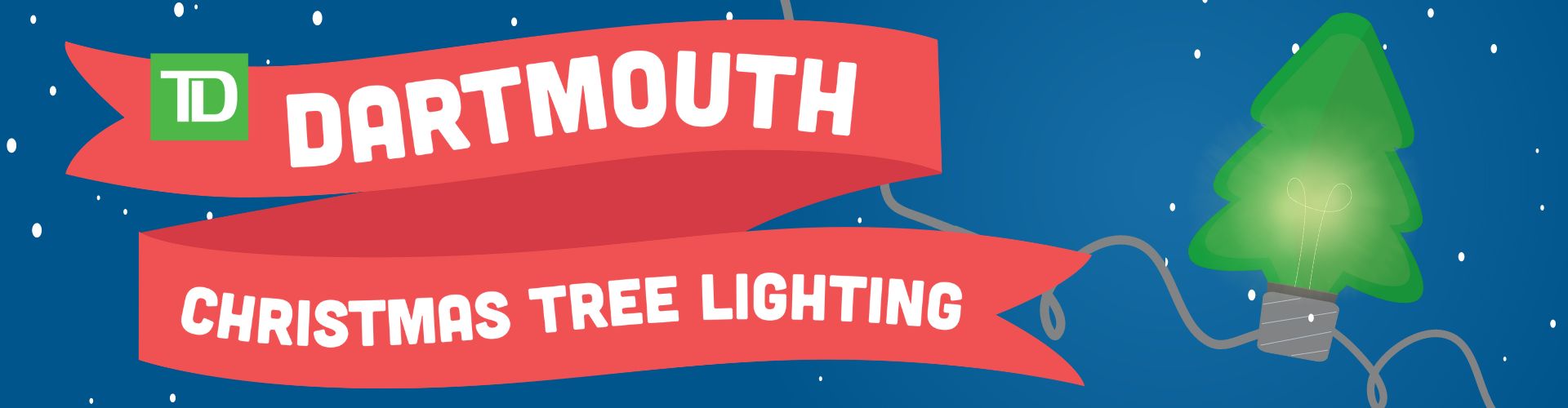 a green tree lightbulb with the words "Dartmouth Christmas Tree Lighting" in white text on a red ribbon