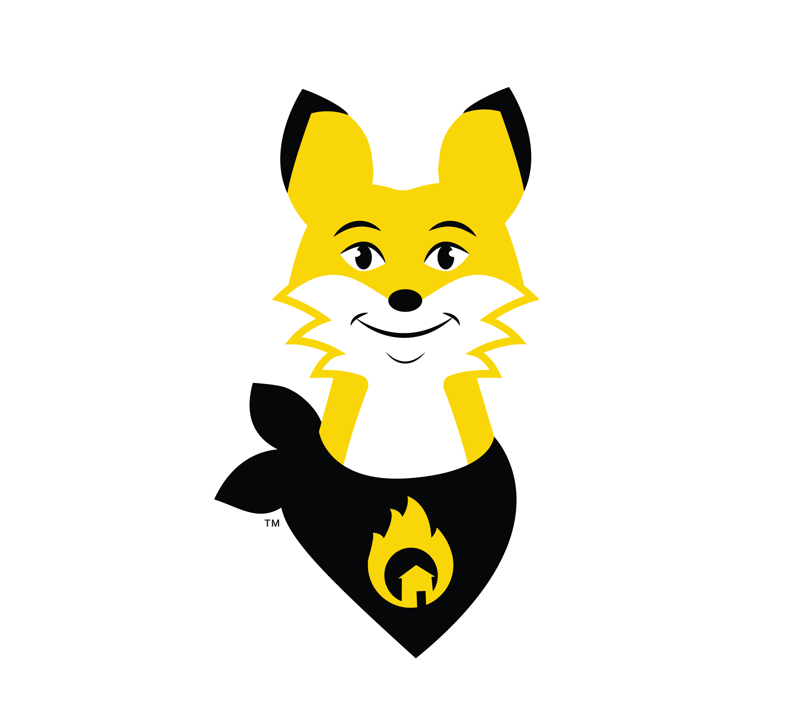 A photo of Ember the Fire Smart fox mascot. The fox is an orangey and yellow colour and is wearing a black scarf with an image of a flame on the front.