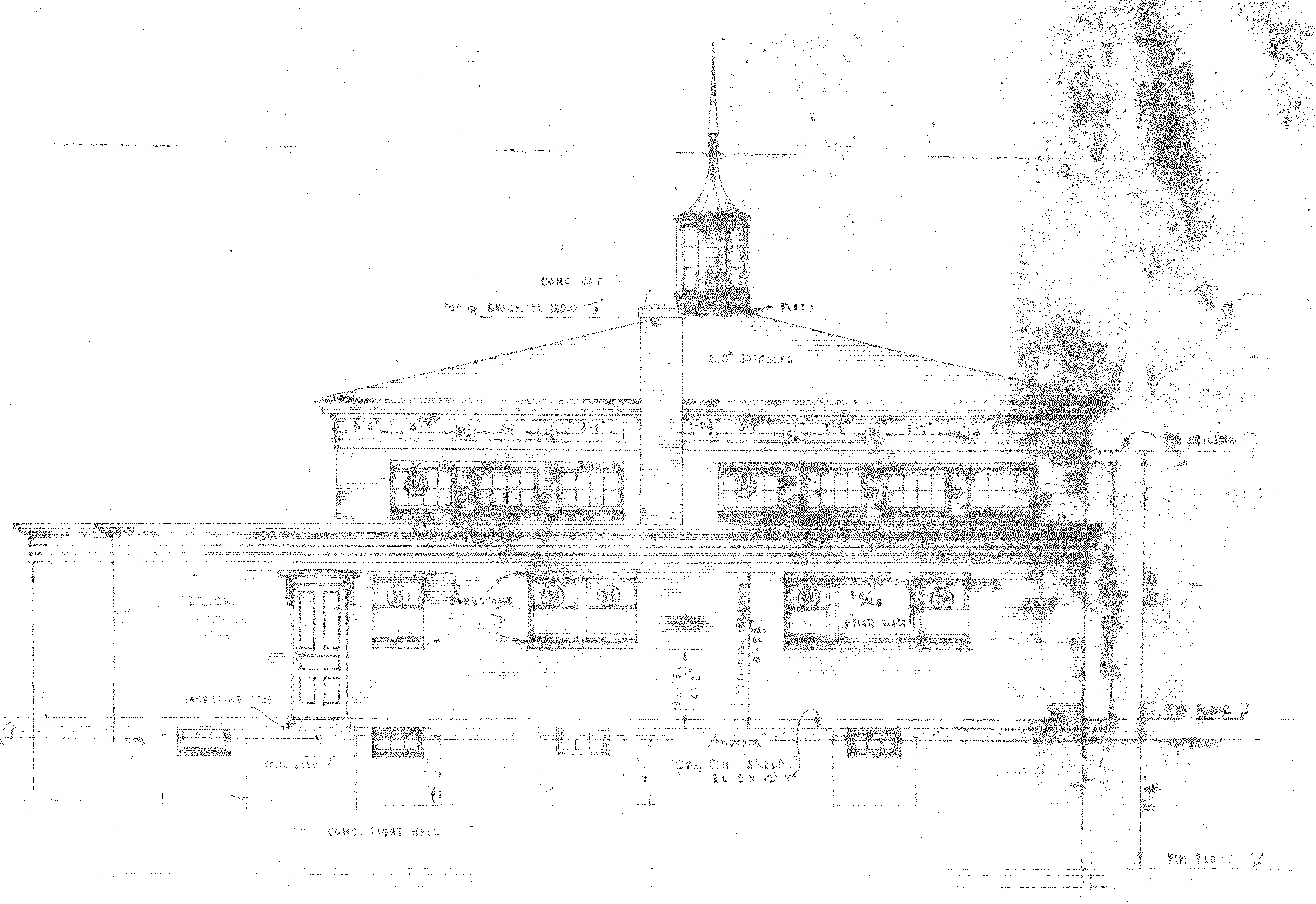 Image is a faded copy of a side elevation of a fire station