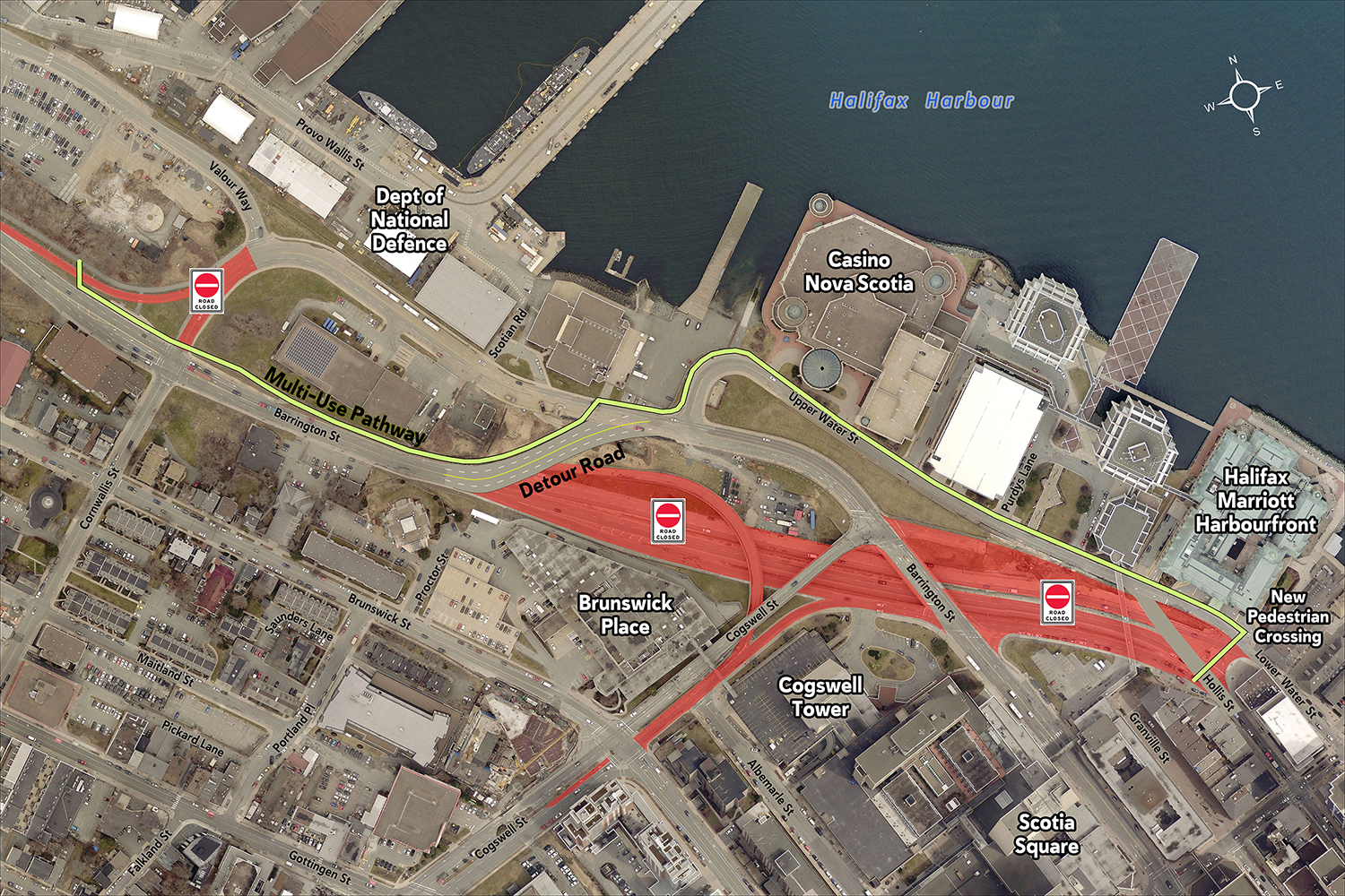 An aerial map showing the Cogswell District, with the new temporary multi-use pathway highlighted. 