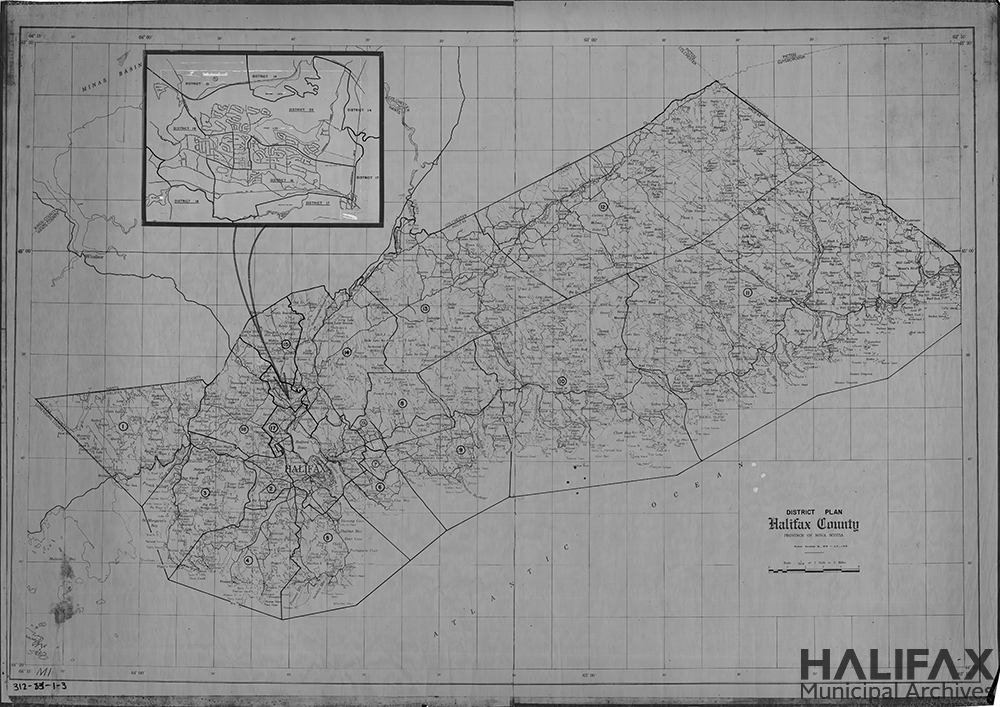 Black and white plan of Halifax County with district divisions.