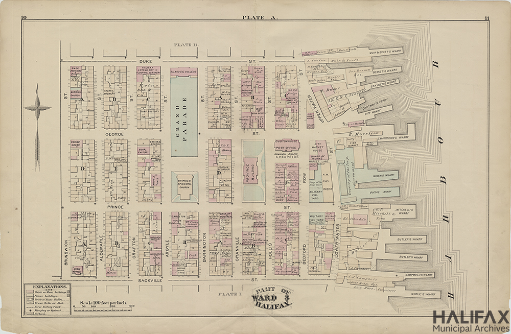 A colour image of map of downtown Halifax showing Grand Parade, wharves, and building footprints.