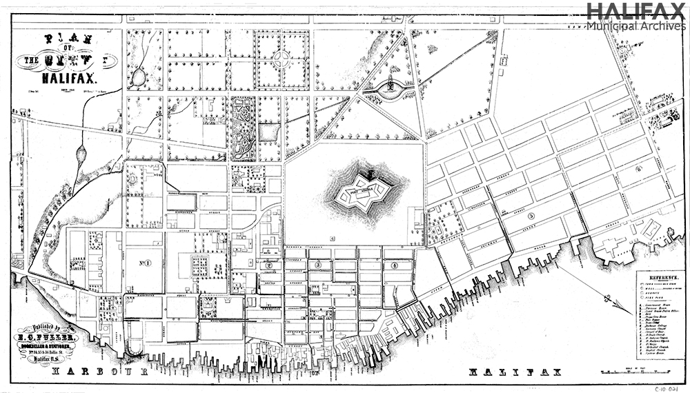 Black and white map of the City of Halifax, showing wards, prominent houses and churches, waterways, including Freshwater Brook.