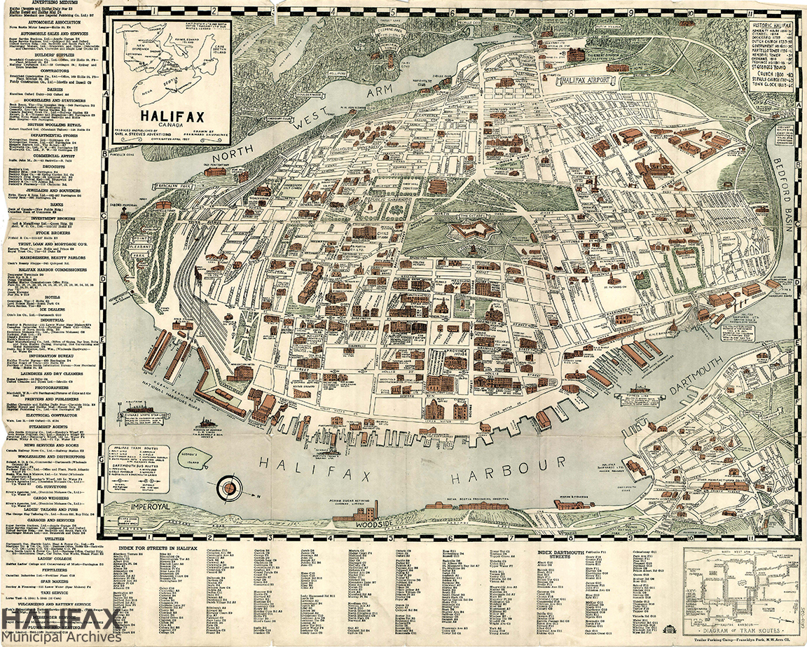 A colour map of Halifax peninsula showing streets, businesses, sketches of public buildings, businesses,bus and tram routes, wharves, piers for Halifax and Dartmouth. Also has inset of tram routes, index to streets and businesses.