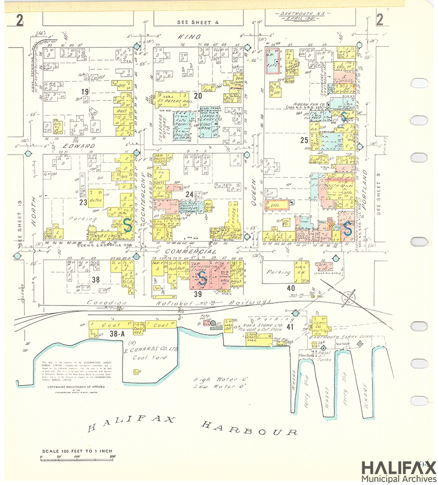 Colour map of a section of downtown Dartmouth between North, King, Portland, and the Harbour.