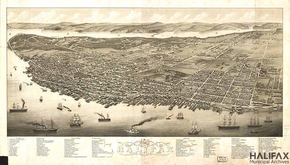 Sepia coloured map of Halifax peninsula showing a bird's-eye view, with streets, buildings, wharves, and natural features.