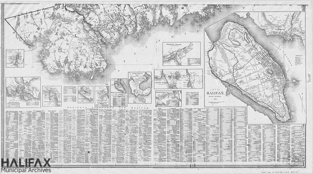 A black and white map of Halifax County with business directories of City of Halifax, Dartmouth and enlarged inserts of Bedford Village, Tangier Village, Germantown, Sambro Villiage, Faulkland Village, Portugese Cove and Peggy's Cove. Also shows wards of City of Halifax. 